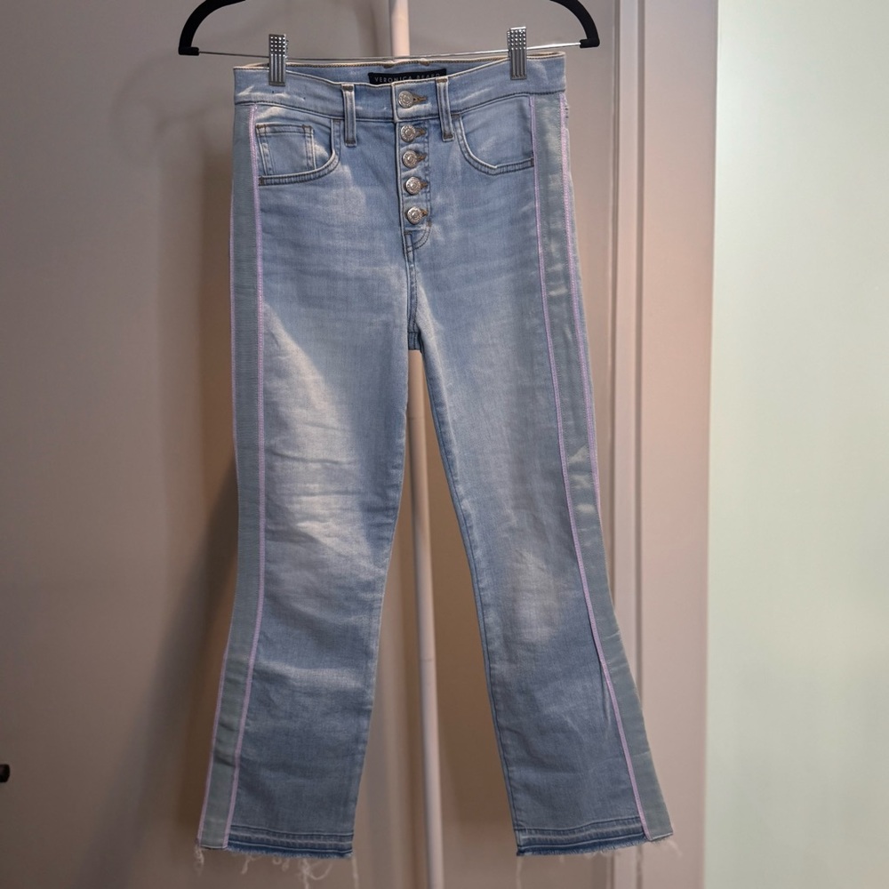 Veronica Beard Button Fly Mini Flare Jean with Pink Piping